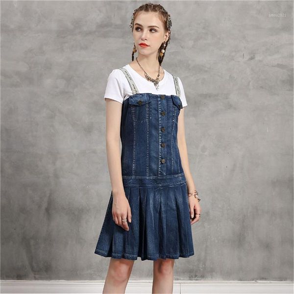 

casual dresses vintage spaghetti strap dress 2021 summer denim women patchwork embroidery drap female single breasted vestidos1, Black;gray