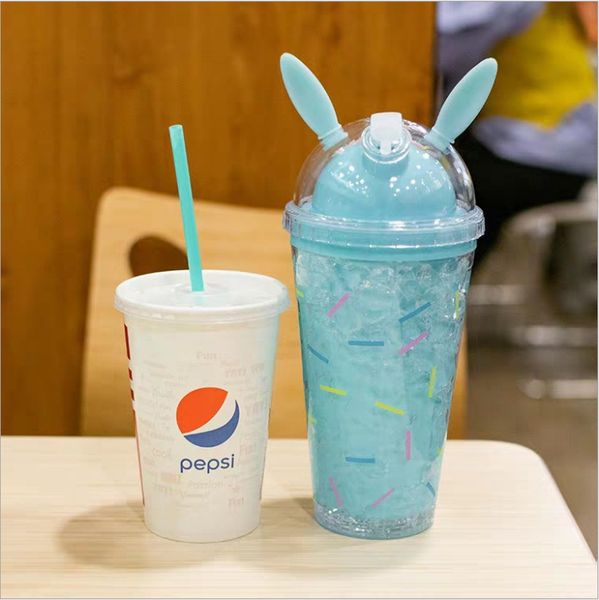 

easter rabbit ear tumbler double wall water cup fruit juice cartoon bottle 4 colors with straw and lid