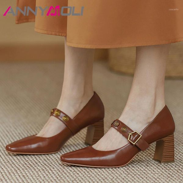 

annymoli mary janes shoes women real leather high heels block heel pumps buckle strap square toe female footwear beige size 431, Black