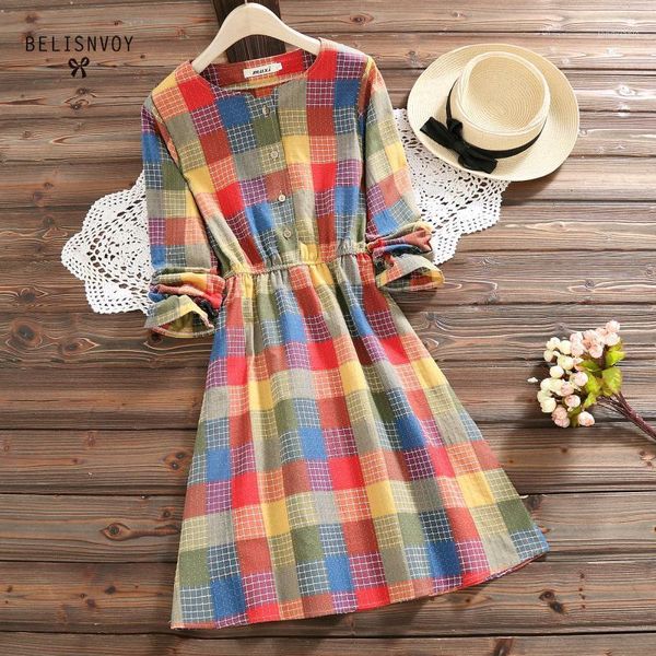 

autumn spring female sweet dress o-neck colorful plaid vintage japanese mori girl dress long sleeve string cute women1, Black;gray