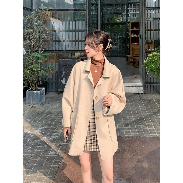 

medium length woolen coat women's autumn and winter 2020 new korean loose style double faced overcoat, Black