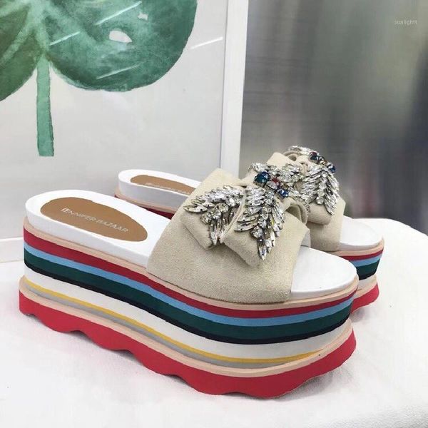 

slippers prova perfetto 2021 fashion platform sandals suede rhinestones woman shoes open-toe genuine leather crystal sandalias mujer1, Black