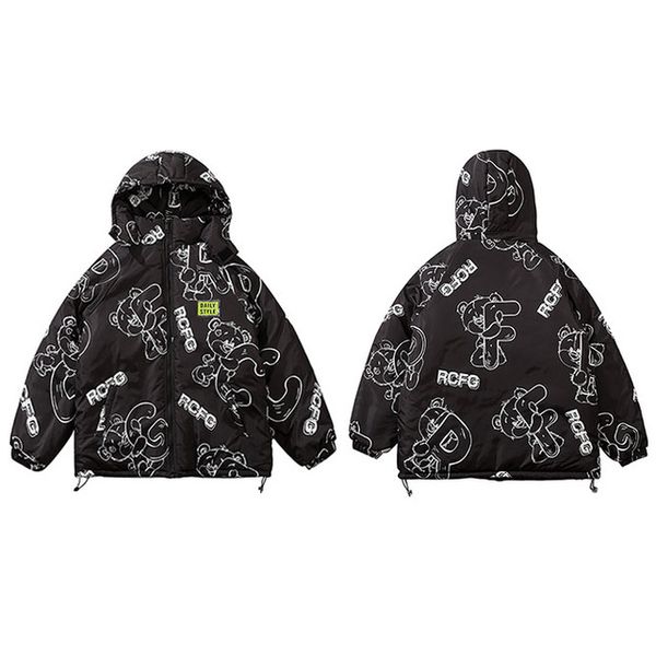 

hip hop men hooded jacket parka bear letter print streetwear windbreaker padded jacket coat winter outwear thick, Black;brown
