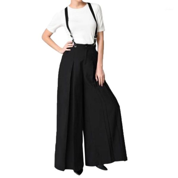

womail 2020 women vintage strap two wear wide leg pants overalls button high waist type loose pants jumpsuit w305131, Black;white