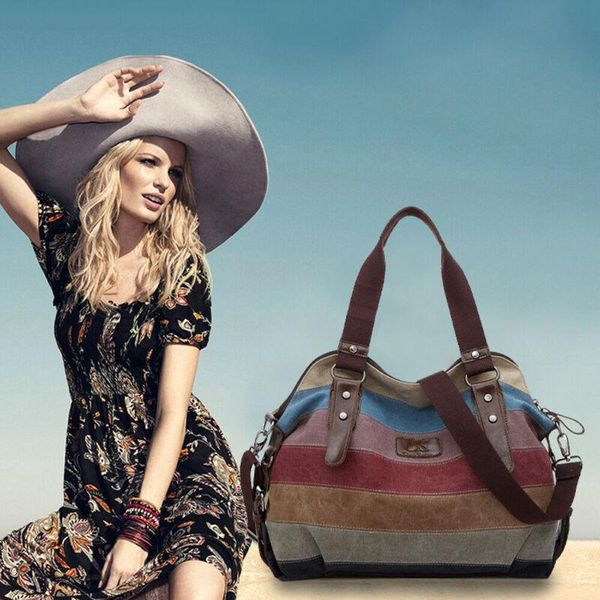 

new womens hobo shoulder bag satchel crossbody tote multi-color stipe bags purse canvas messenger
