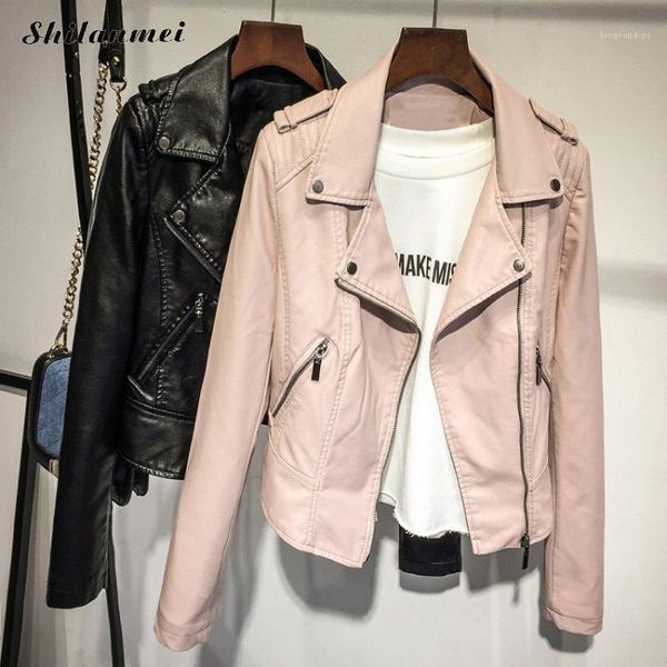 

women's zippers pu leather motorcycle jackets 2018 autumn female fashion turn down collar outwear ladies slim short coats pink1, Black