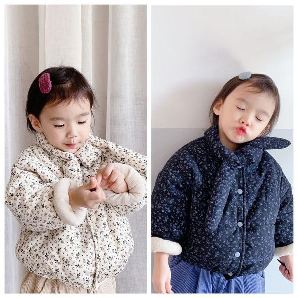 

baby winter coats 2-7 y toddler girls korean thicken cotton jackets cute floral print scarf collar warm down coats for girl1, Blue;gray