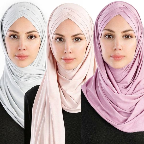 

women muslim solid jersey scarf long headscarf cover-up hat wrap shawl modesty turban cap instant underscarf easy ready to wear y201007, Blue;gray