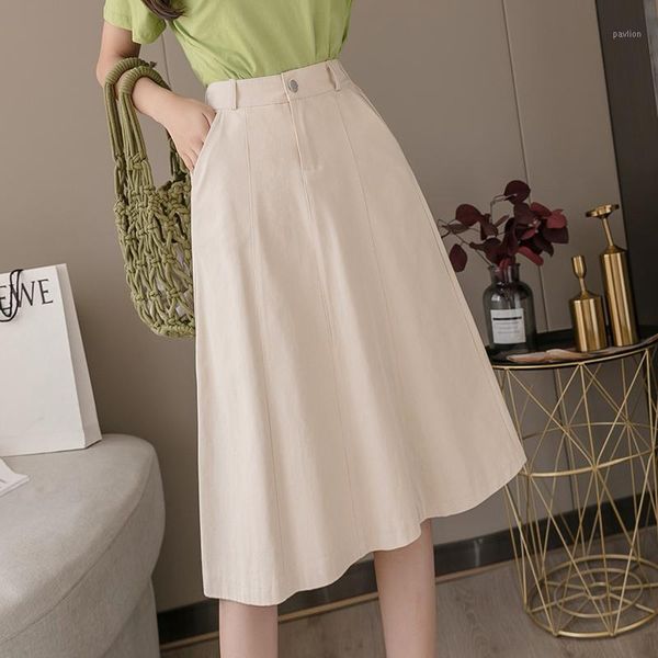 

korean fashion skirts womens elegant office lady high-waist a-line skirt women solid midi skirt faldas mujer moda women skirts1, Black