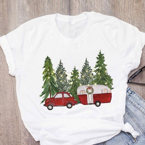 

women graphic cartoon light happy tree truck 90s clothes merry christmas printed lady tees clothing female t shirt t shirt, White