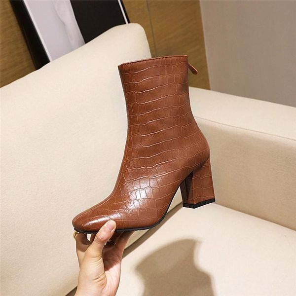 

ymechic 2020 autumn winter square toe high heel boots embossed pu leather white black brown booties plus size ankle boot shoes
