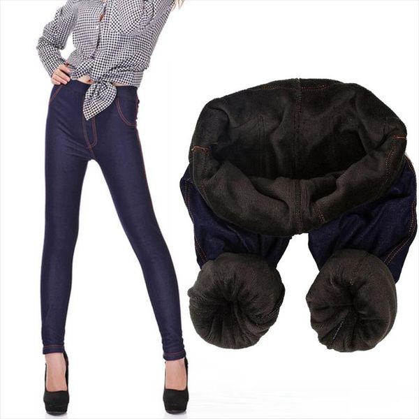 

xs xxxl 2019 winter leggings women thicken warm pencil pants fleeces inside faux denim trousers footless leggings drop shipping, Black