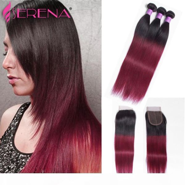 

ombre brazilian virgin hair 3 bundles with closure brazilian straight with closure 1b 99j burgundy body wave brazilian hair with closure, Black;brown