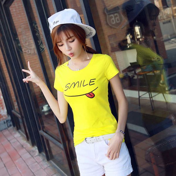 

2019 summer new women's clothes slim fashion casual cute wild letter smile cotton short-sleeved t-shirt female, White
