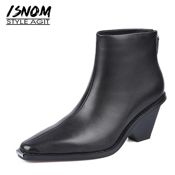 

isnom spike heel ankle boots woman genuine leather shoes pointed toe zip thick high heel booties women shoes metal toe 2021, Black