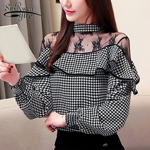 

blusas femininas elegant shirts womens and blouses chiffon lace ruffles plaid stand ladies stand clothes full 2460 50 y200828, White