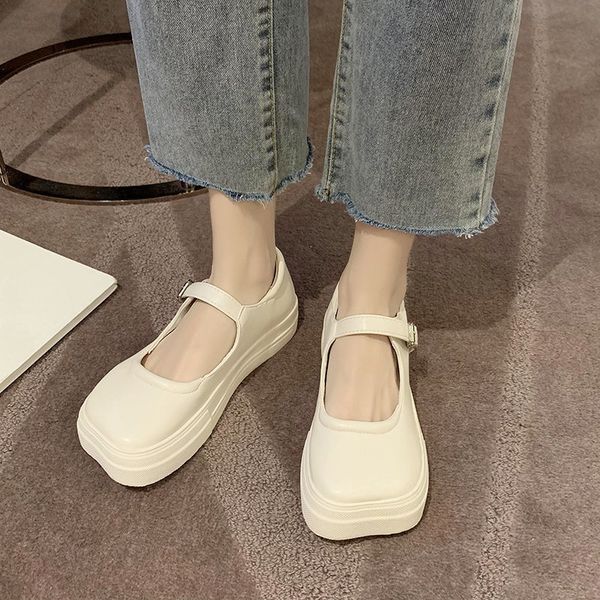 

2021 the new solid color pu leather apartments for women with foot locked in ankle platform mary janes woman autumn shoes flat uvpd, Black