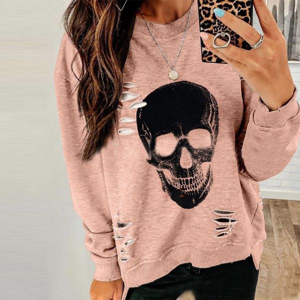 

2021 skull female print hoodie torn hoodies gothic fall long sleeve casual streetwear club tk48, White;black