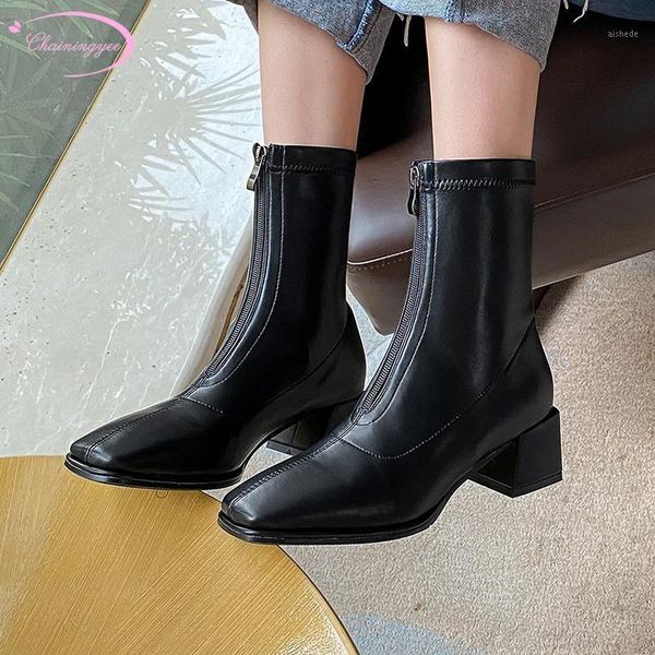 

boots street style comfortable square toe ankle fashion zipper platform black beige medium heel thick riding women's shoes1