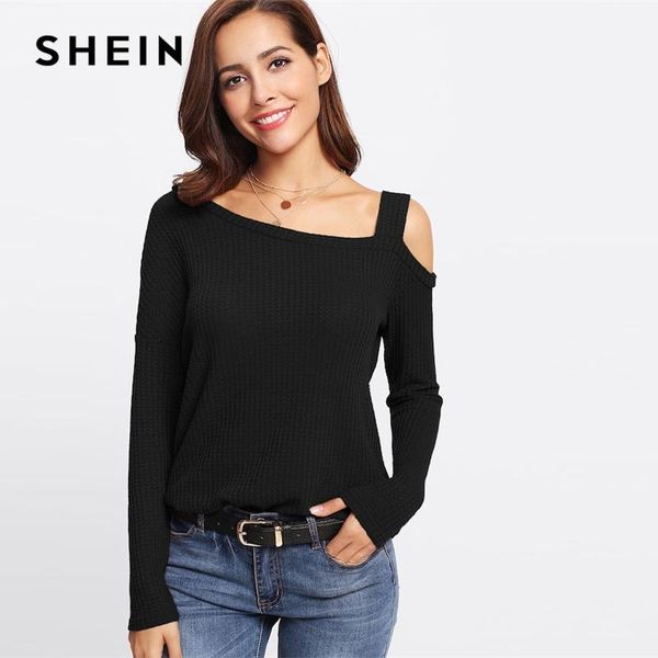 

shein black casual solid slit side asymmetrical neck cold shoulder long sleeve tee autumn workwear elegant women tshirt, White
