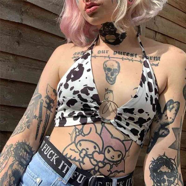 

backless camisole women summer crop milk cow print v-neck sleeveless sling vest with metal ring for girls top, White