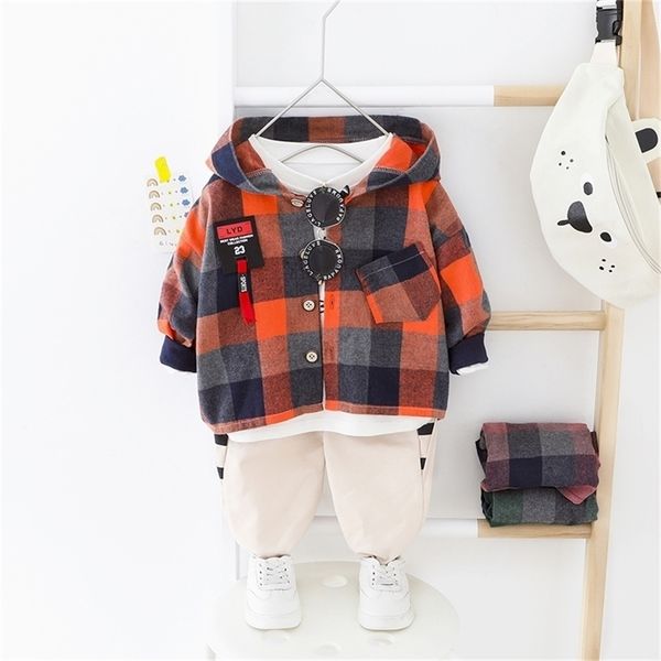 Kleinkind Jungen Kleidung Set Großes Plaid Mit Kapuze Hemd + Elastische Hosen Baby Jungen Kleidung Frühling Herbst Kinder Outwear Normale Größe 201031