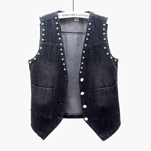 

vintage black blue rivet denim vest women summer casual pocket jeans vests female waistcoat v-neck short sleeveless jacket coat, Black;white