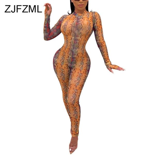 

snake skin print plus size jumpsuit women mock neck long sleeve bodycon bodysuit vintage high waist night club party romper t200509, Black;white
