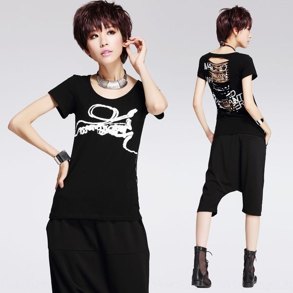 

women's summer new print shows thin and thin personality open back t-shirt women's short sleeve t-shirt round neck fashion kfkno, White