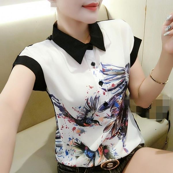

summer print graffiti bird blouse european clothes fashion women pullover chiffon shirt short sleeve ropa mujer 2021 t04406, White