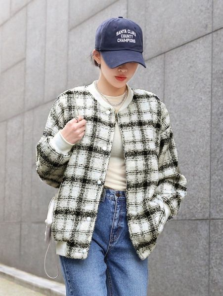 

dazy plaid drop shoulder wool-mix bomber jacket j4p3#, Black;brown