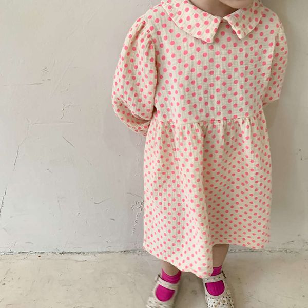 

korean skirt 2021 spring girls' new polka dot baby children's lapel long sve cute drs, Red;yellow