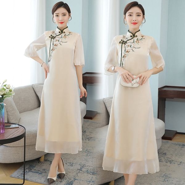 

ahiql 2020 new cheongsam spring and summer improved long cheongsam women's skirt skirtschinese style dress fairy girl dress women, Black;gray