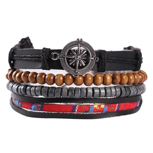 

multilayer wooden bead bracelet men's casual fashion woven compass leather bracelet retro punk wrap wristband, Black