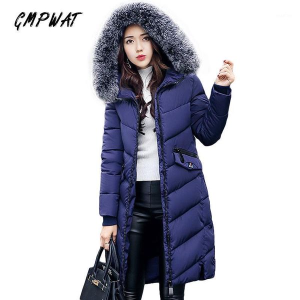 

gmpwat winter casual long solid zipper hooded slim thick cotton parka broadcloth jacket fur collar wadded coat women outwear1, Black