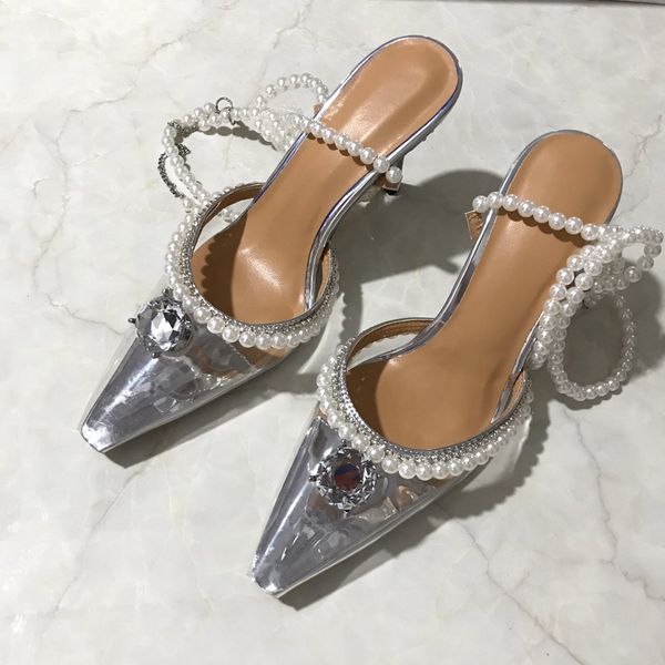 

pearl лук алмаз высокий каблук обуви фея ветер 2020 лето новый квадратная голова прозрачный ремень кожаные сандалии тонкие каблуки, Black