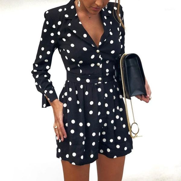 

trendy women fashion elegant stylish casual workwear mini jumpsuit female formal polka dot v neck long sleeve romper1, Black;white