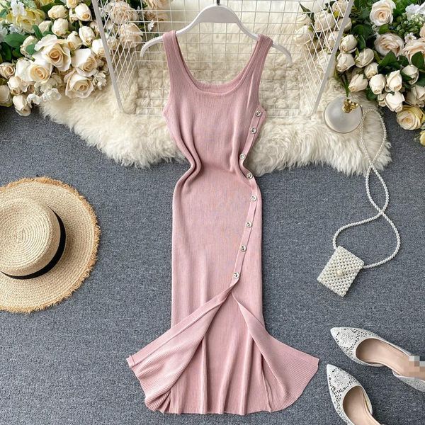 

fashion streetwear single breasted women dress 2020 summer o neck sleeveless dresses korean slim knitted vestidos1, Black;gray