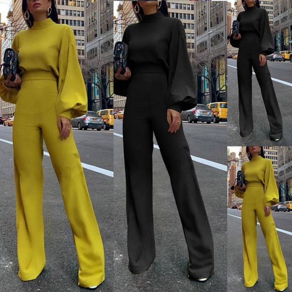 

new fashion women elegant slim fit yellow solid skinny casual overalls office look work lantern sleeve mock neck jumpsuits, Black;white