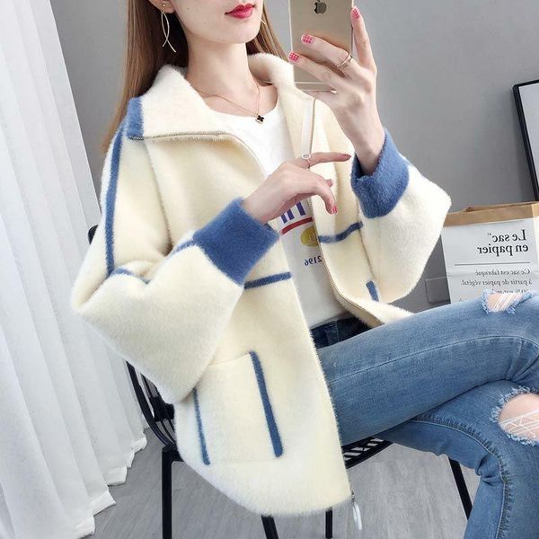 

women's knits & tees women 2021 winter imitation mink jackets female fashion patchwork cardigan overcoats ladies loose warm thick coats, White