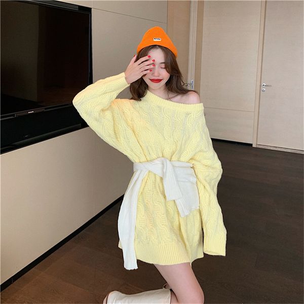 

2021 sweaters for women winter new korean style loose nightgown solid sleeve long knitted sweater clothes onb8, White;black