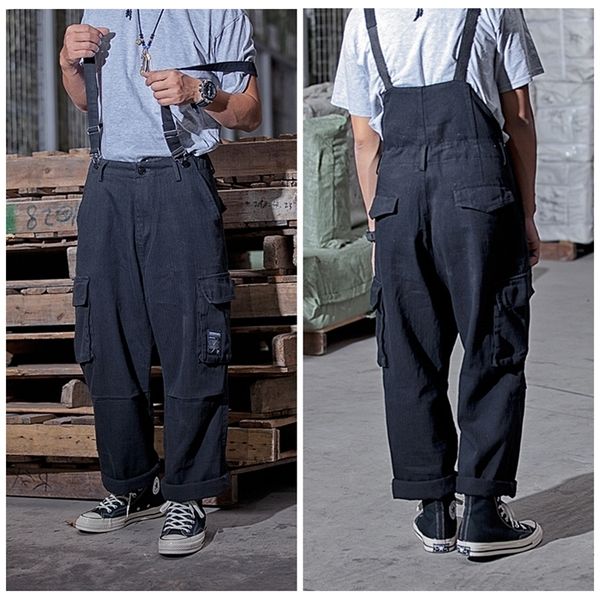 

suspenders trousers mens streetwear overalls multi-pocket work cargo pants casual wide-legged baggy pant men 201221, Black