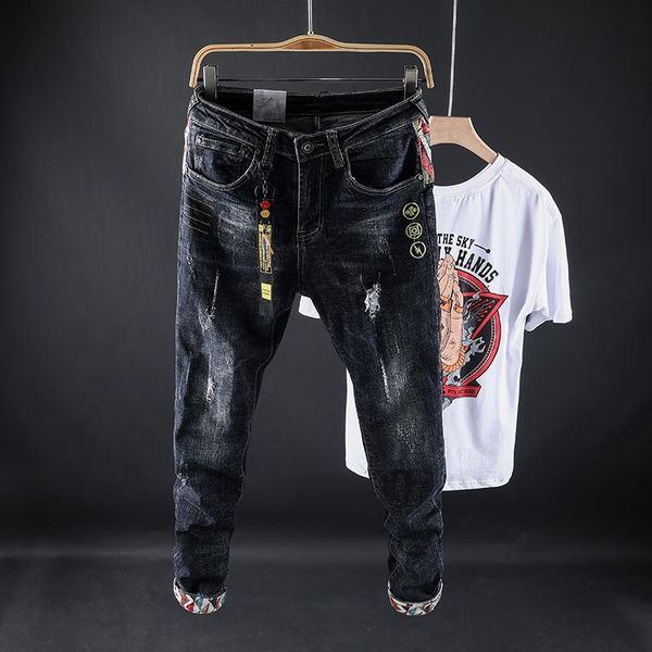 

men's jeans fashion streetwear men elastic slim fit embroidery designer denim pants japanese style patchwork trousers, Blue