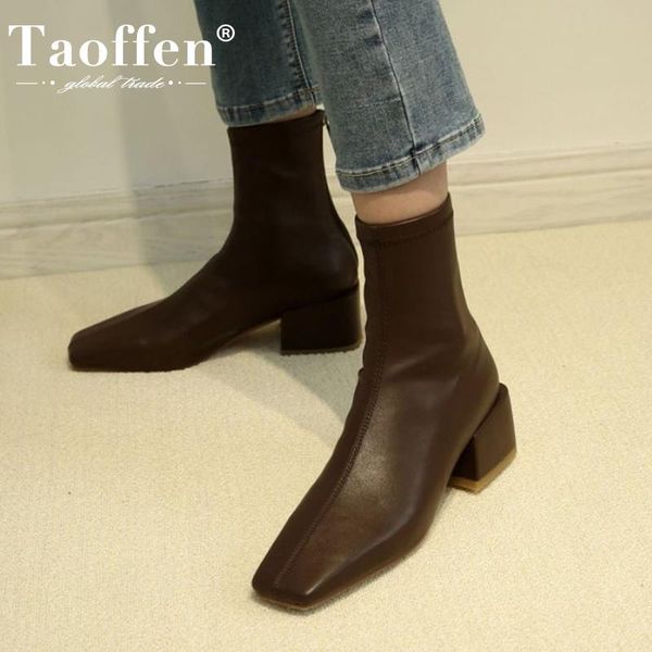 

taoffen real leather woman ankle boots fashion zipper warm high heel winter shoes woman short boot office footwear size 34-39, Black