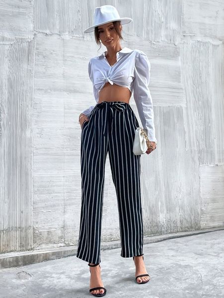 

striped print tie front pants 93nh#, Black;white