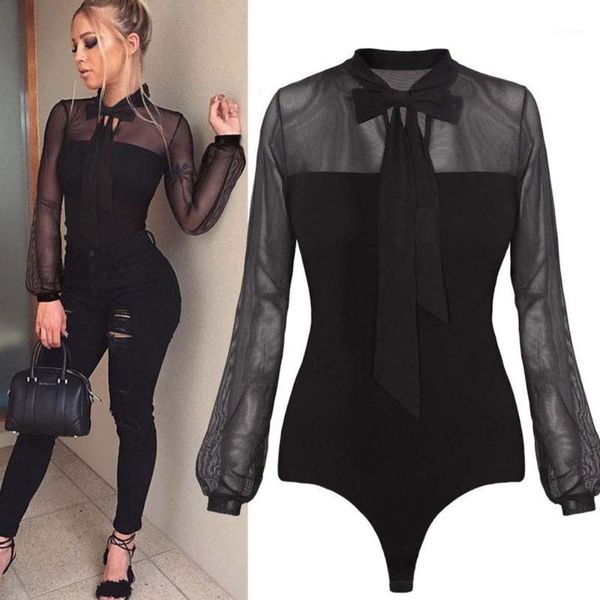 

feitong women transparent bodysuit autumn see through mesh tie bodycon long sleeve jumpsuit bodysuit female 20191, Black;white