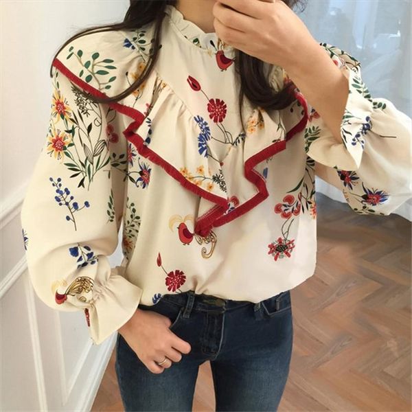 

vintage fashion floral women blusas 2020 korean style ruffles patchwork half turtleneck blouse flare sleeve spring shirts 64211, White