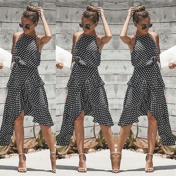 

vintage women polka dot dresses summer ruffles halter irregular lace up dress sleeveless dresses for female vestidos, Black;gray