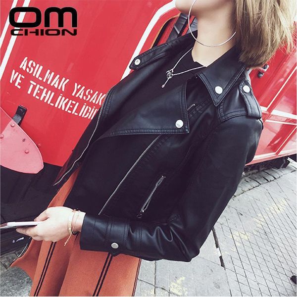 

omchion 2021 autumn winter casual cool black bombers jacket pu leather motorcycle jacket elegant women coat outwear lmj21, Black;brown
