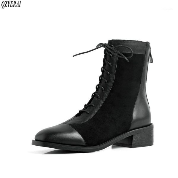 

boots qzyerai style genuine leather lace-up women's autumn and winter fashion female cowhide shoes1, Black
